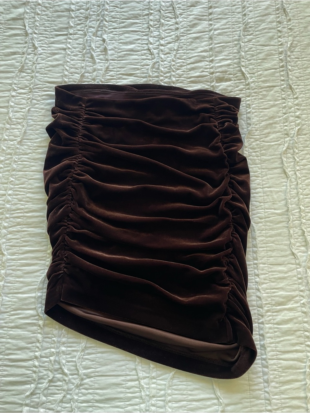 NWT Chocolate Brown Velour Asymmetrical Rouched Mini Skirt | Sz M